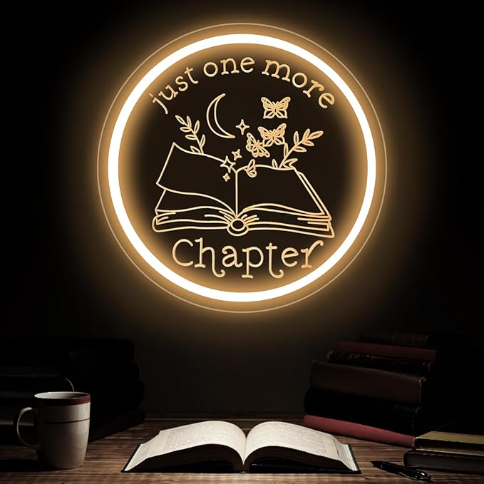 Just One More Chapter Neon Sign, Neon Sign Gifts for Readers Women Men Friends, Neon Light Ornament for Book Lover Bookish Bookworm, Bookshelf Wall Decor Aesthetic, read more books neon sign-12.6IN