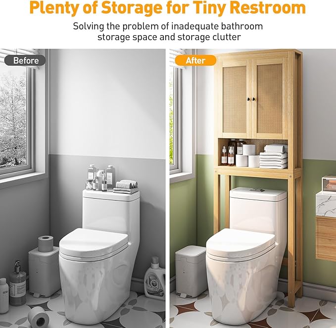 knoworld Rattan Over The Toilet Storage Cabinet, Above Toilet Bathroom Organizer with Adjustable Shelf, Behind Toilet Cabinet, Space Saver for Restroom, Bathroom, Laundry, Wood Rack, Natural