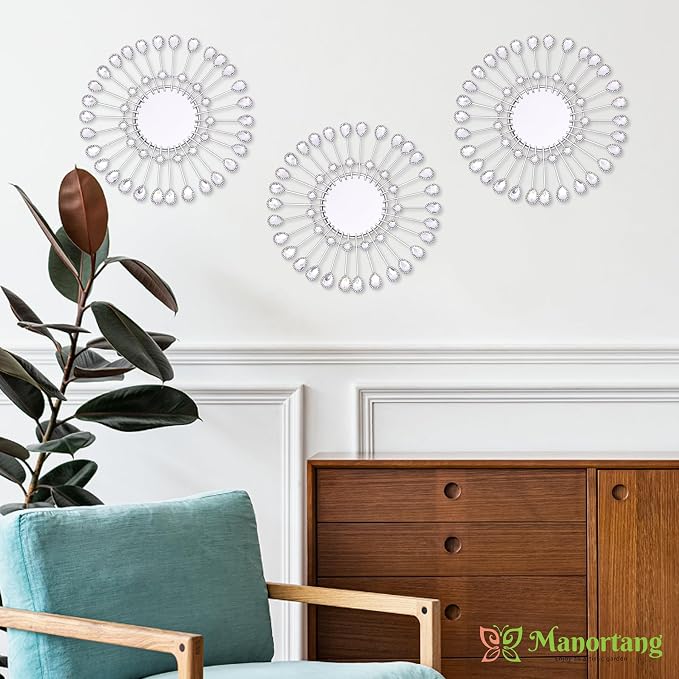 Silver Mirrors 3 PCE, 9 inchSunburst Mirror Hanging Wall Decor, Valentine Decorative Mirror Wall Art, Round Mirrors for Bedroom Living Room Bathroom Kitchen, Warming Valentine Gifts