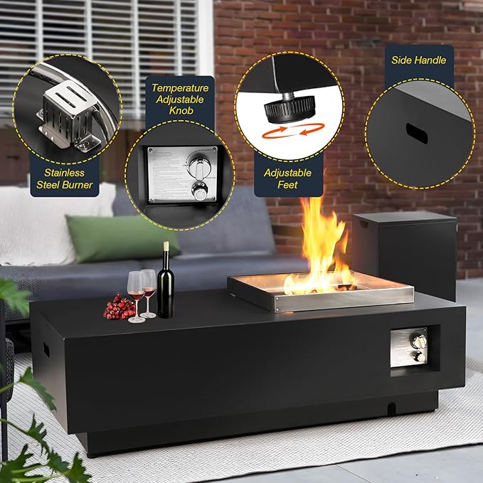 SiTimmGer 48" Modern Steel Fire Pit Table Set – Low-Profile Propane Gas Fire Table with Tank Cover, 50,000 BTU, for Contemporary Patios & Decks
