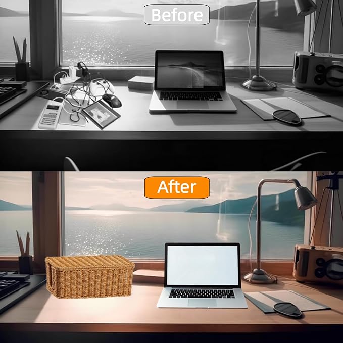 Cable Management Box, Handmade Woven Cable Organizer Cords Hider with Locked Cover Desk Cord Organizer Management for TV, Computer, Router, USB Hub to Hide Cords & Power Strip.