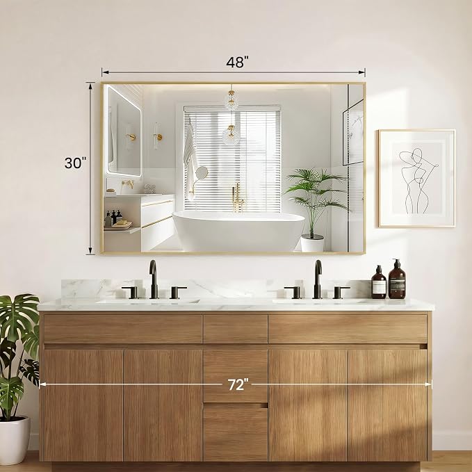 Sweetcrispy Bathroom Mirror for Over Sink, 30" x 48" Rectangle Wall Mount Mirrors with Metal Frame, Modern Vanity Mirror with Tempered Glass, for Home Decor, Anti-Rust, Gold