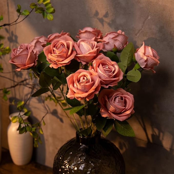 12 Pcs Artificial Rose Flowers, Silk Roses with Long Stems, Realistic Fake Roses for Wedding Centerpiece Party Home and Office DIY Decor, Cappuccino