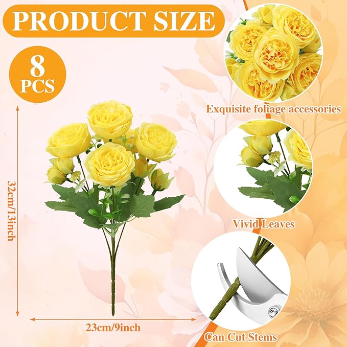 8 Pack Yellow Peonies Artificial Flowers, Fake Silk Hydrangea Bouquet for Bridal Wedding Home Table Decor Reusable Dining Opening Ceremony Birthday Arrangement Faux Floral