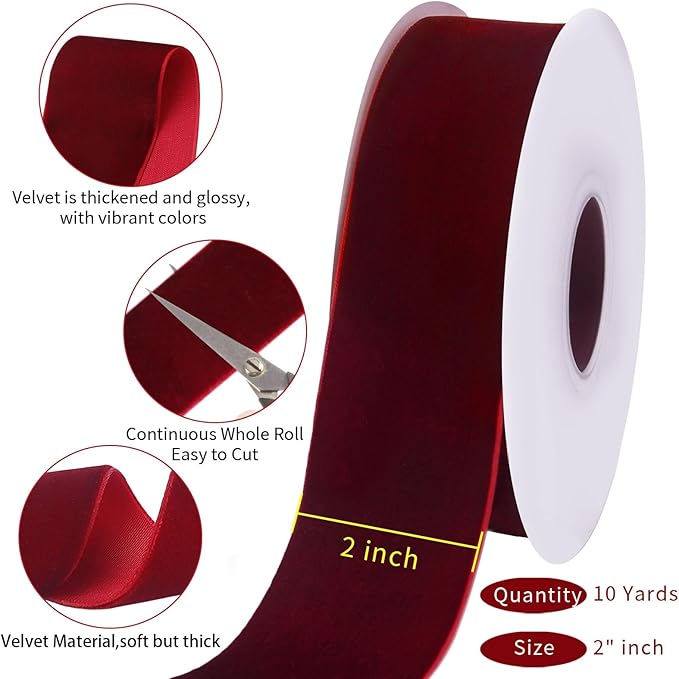 10 Yards Burgundy Velvet Ribbon 2 Inch for Christmas Tree,Dark Red Velvet Christmas Ribbon for Gift Wrapping Crafts Bow Wreath Holiday Decorations (Burgundy)