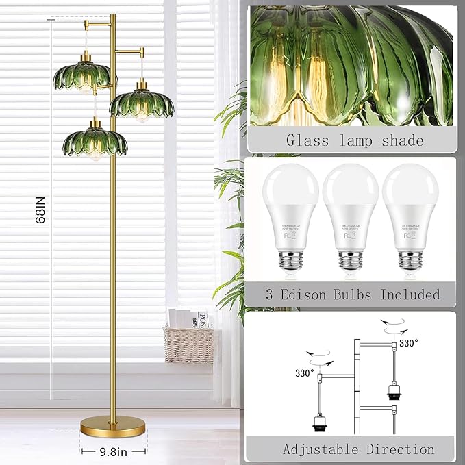 ILLMTW Glass Gold Floor Lamp for Living Room,Bedroom,Mid Century Modern Standing Lamp Brass Tree 3 Light Tall Floor Lamps Vintage Retro Floor Lights Green Flower Lamp Shade Farmhouse Boho Bohemian