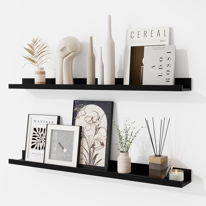 RICHFOCUS Picture Ledge Shelf, 30 inch Floating Shelves Set of 2, Wood Wall Shelves with Lip, Wall Decor Storage for Bedroom Living Room Bathroom Kitchen Nursery Photo Picture, Black