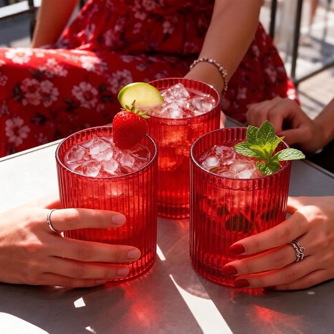 14 oz Ribbed Drinking Glasses Set of 6, High Clear Vintage Iced Coffee Cups Elegant Glassware, Highball Glass Cups Ridged Glass Tumbler for Cocktail, Whiskey, Beer, Water, Juice, Origami Style Red