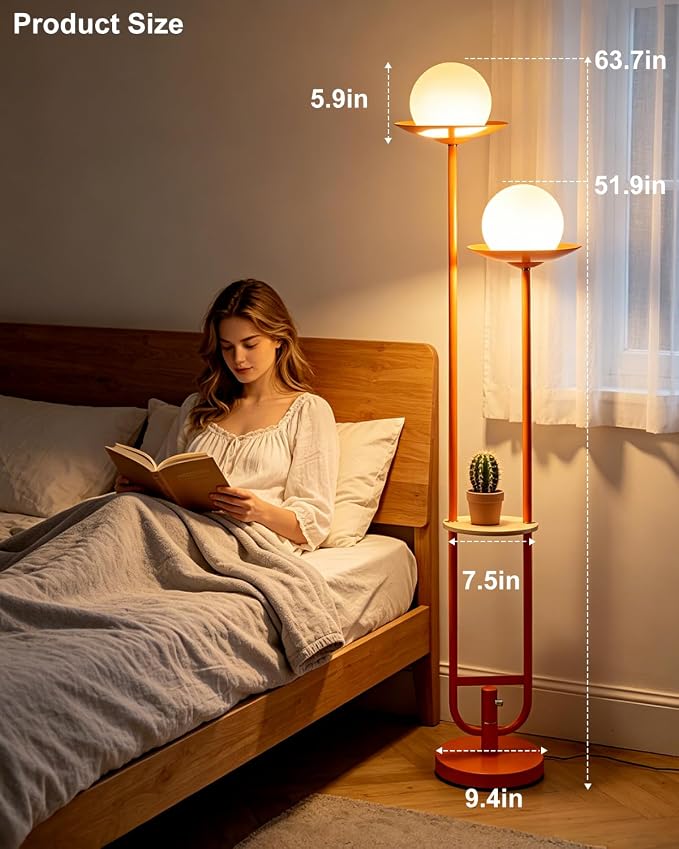 63IN Globe Floor Lamp with Shelf 2-Lights Modern Dimmable Floor Lamps with 3000K Soft Warm White Bulbs for Wedding/Party, Orange Tall Standing Lamp for Living Room/Bedroom/Home Office