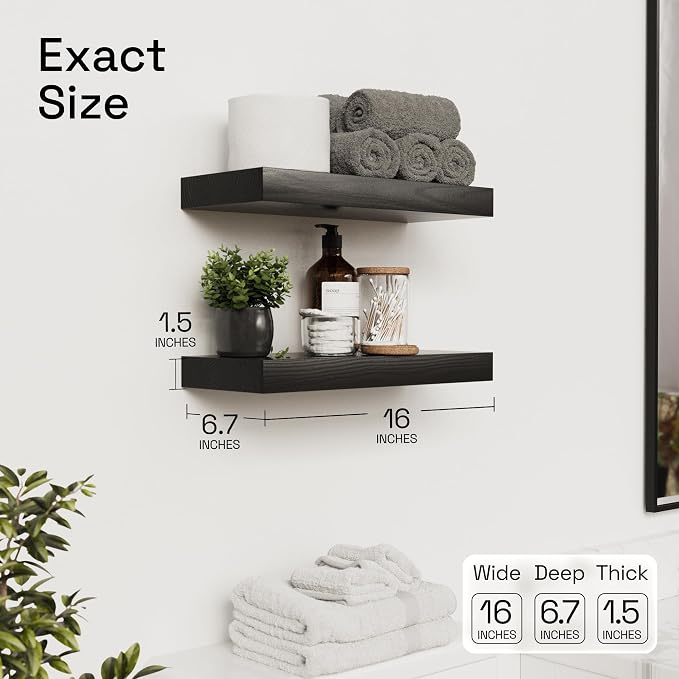 BAOBAB WORKSHOP Wood Floating Shelves for Bathroom Wall - Black Shelf 16 inch - Solid Wood Shelves for Wall for Bedroom Kitchen Living Room - Black Floating Shelves - 16 x 6.7 Inch, Set of 2