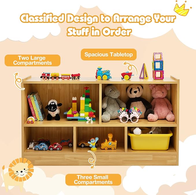 KOTEK Toy Storage Organizer, 5 Cubby Kids Bookshelf, Wooden 3-Tier Bookcase Storage Cabinet, Open Display Book Shelf for Daycare, Nursery, School Classroom, Playroom & Living Room (Burlywood, 5 Cubes)