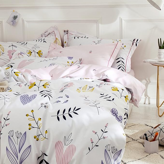 LifeTB Girls Flower Duvet Cover Twin XL Boho White Pink Floral Bedding Sets Aesthetic 100% Cotton Comforter Cover Cute Branches Flower Bedding Sets Pink Floral Twin XL Duvet Cover with 2 Pillowcases