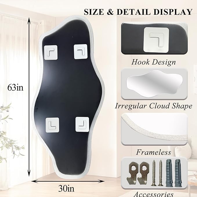 Large Irregular Wall Mirror, 63"x30" Silver Asymmetrical Tempered Glass Mirror, Frameless Organic Shaped Mirrors for Entryway Hallway Bedroom Living Room, Horizontal or Vertical Hanging