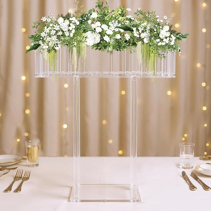 Tall Acrylic Vase 23.6In Wedding Flower Stand Acrylic Centerpiece Stand Geometric Floral Vase Flower Arrangement Holder Rectangular Floral Display Rack for Birthday Party, Table Decorations