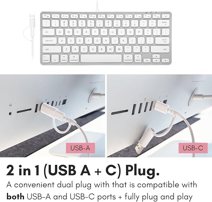 Macally Small Keyboard for Mac with USB Hub (3 Ports) - Wired 2 in 1 USB C + A Plug - Save Space with an Apple Compatible Keyboard (78-Key Layout) - Silver