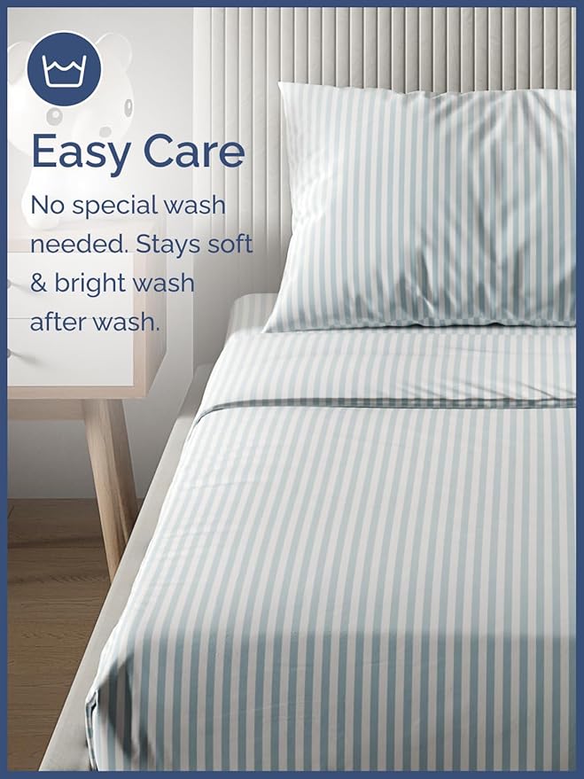 Kids Green Pinstripes Full 4 Piece Sheet Set - Boys, Girls, Teens, Toddler - Easy Fit Deep Pockets - Breathable, Hotel Quality Sheets - Machine Washable - Wrinkle Free - Cute, Cozy, Soft - CGK Linens