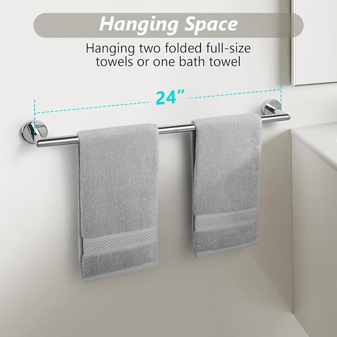 JunSun Polished Chrome Bath Towel Bar 24 Inch Bathroom Towel Rack Towel Holder Modern Home Decor Towel Rod Bathroom Hardware Chrome Towel Hanger Towel Rail Towel Shelf Single Towel Bars Wall Mounted