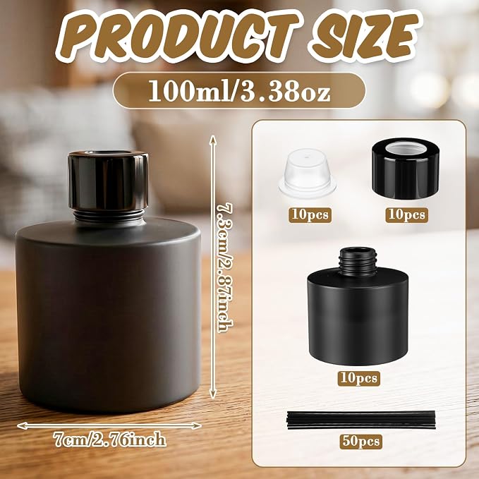 Chunful 10 Sets Black Reed Diffuser Bottle Empty Refillable Fragrance Glass Diffuser Bottles 100ml Round Glass Jars with Black Caps & Rattan Sticks for Living Room Home Replacement Fragrance DIY