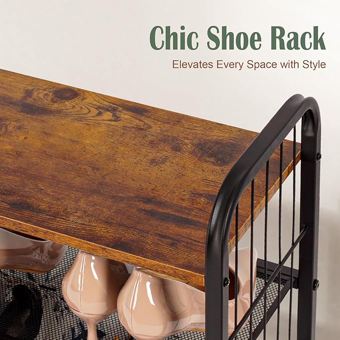 BWOORACKU Shoe Rack, 5-Tier Shoe Organizer with Guardrails, Heavy-Duty Metal Mesh Shelves & Rustic Wooden Top for Stylish Closet & Front Door Storage