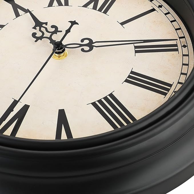 Plumeet Extra Large Retro Wall Clock, 16'' Non Ticking Classic Silent Vintage Wall Clocks Decorative Kitchen Living Room Bedroom, Roman Numerals, Battery Operated, Black