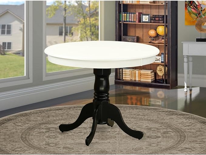 East West Furniture ANT-LBK-TP Antique Modern Kitchen Table - a Round Dining Table Top with Pedestal Base, 36x36 Inch, Linen White & Black