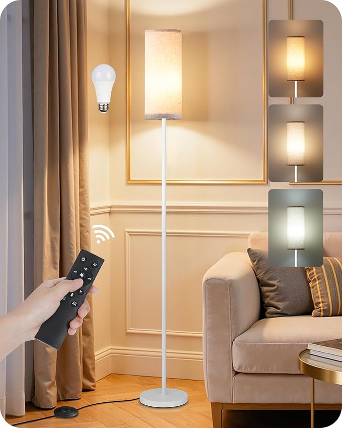 Dimmable Floor Lamps for Living Room with Remote and Foot Switch, 64.4” Modern Standing Tall Lamp, Corner Lamp for Bedroom, Office, Bulb Included, 3000K-6500K, Beige and White, FCC Listed WE06LD05W1