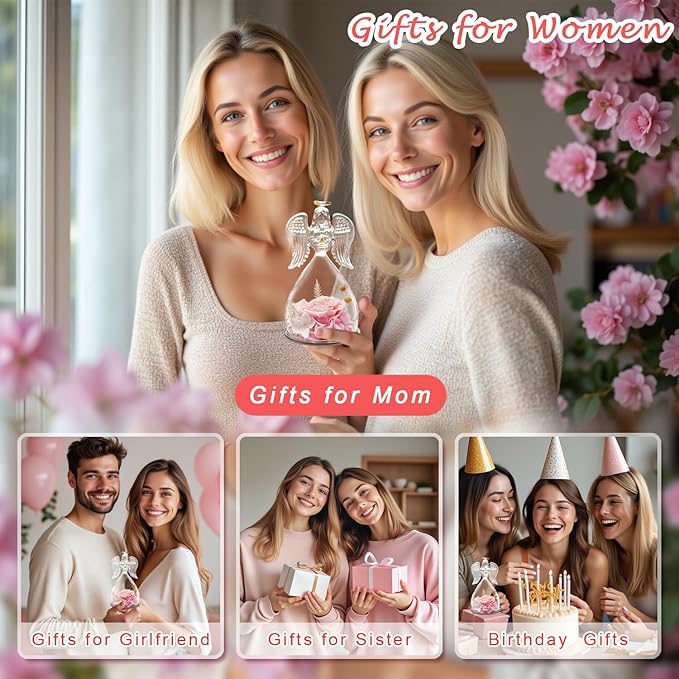 ANWEAO Women Gifts for Christmas Preserved Rose Forever Flower in Glass Angel Figurines Fresh Flowers for Delivery Prime Gifts for Mom, Real Pink Roses Gift for Grandma Mom Sister Wife Her