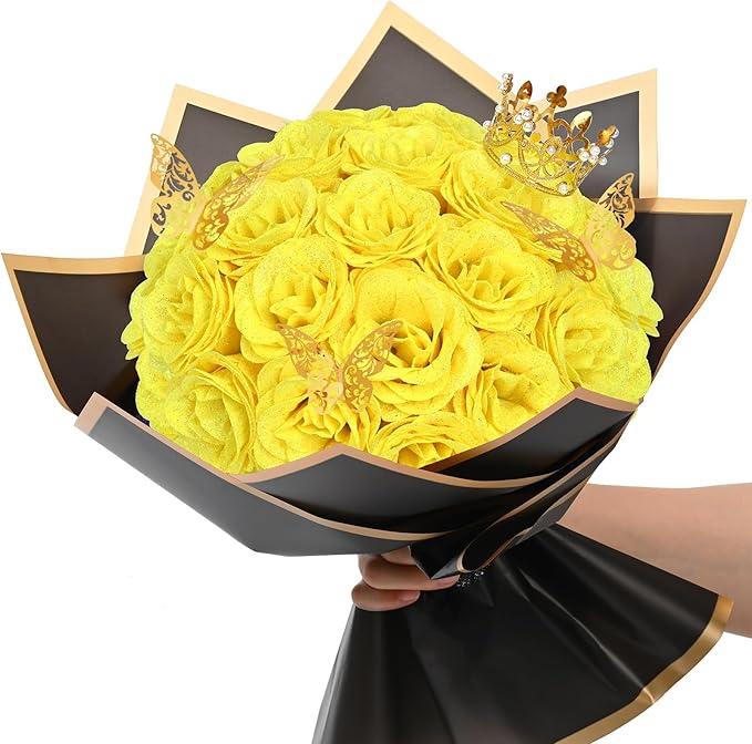 Waipfaru Glitter Roses Bouquet, DIY Fake Flowers Bouquet, Yellow Artificial Flower for Mothers Day Gifts, Valentines, Anniversary, Engagement, Wedding, 24 Pcs