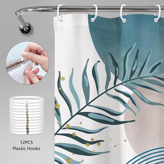 Green Boho Shower Curtain 60Wx72H Modern Abstract Bohemian Leaves Mid Century Minimalist Plant Bathroom Decor Arch Neutral Bath Curtain Fabric Polyester 12 Pack Hooks