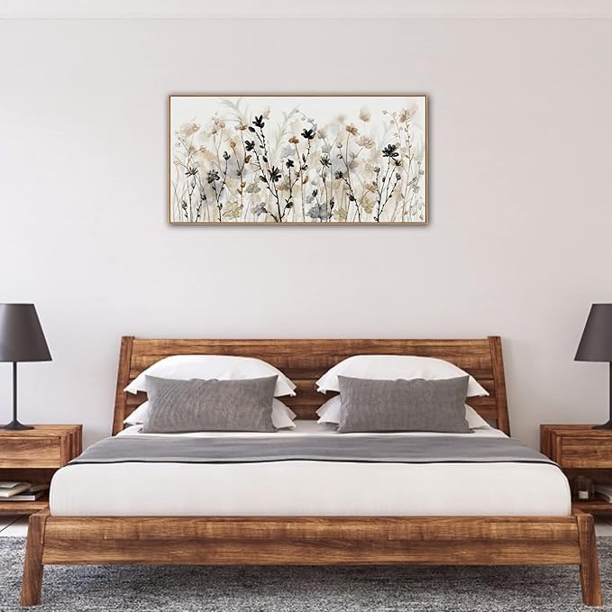 Framed Flower Canvas Wall Art Blossom Canvas Pictures Abstract Grey Cream Brown Landscape Artwork Canvas Prints for Home Living Room Bedroom Kitchen Office Wall Decor Ready to Hang 24"x 48"
