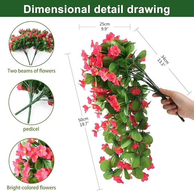 Artificial Fake Hanging Flowers Plants for Outdoor Spring Summer Decoration, 2PCS Faux Silk Violet UV Resistant Look Real Trailing Vines for Outside Home Planter Porch Patio(Rose red)