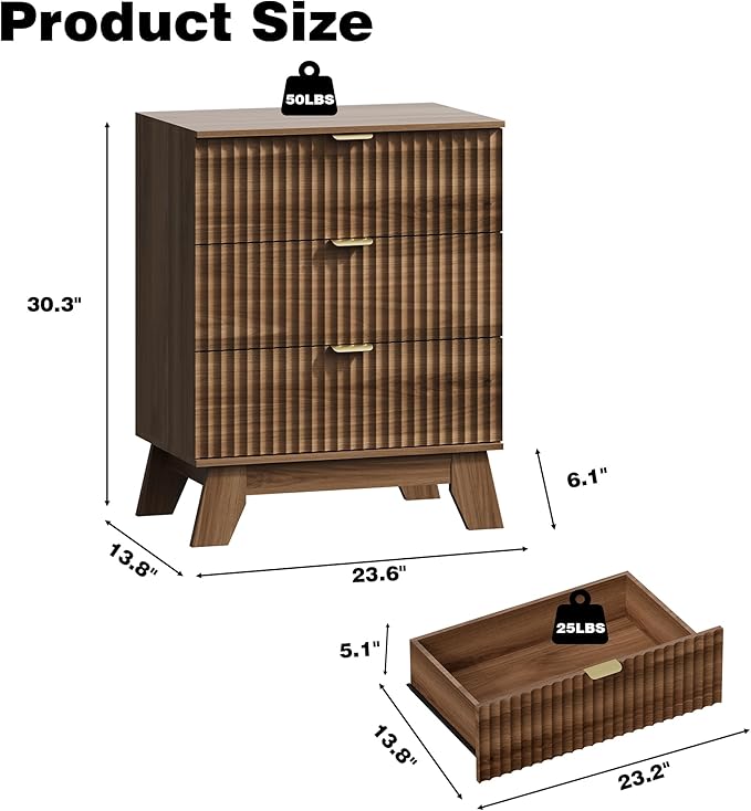 Fluted 3 Drawer Dresser for Bedroom, Mid Century Modern Beside Table with Metal Handle, Wooden Nightstand with 3 Drawers End Table for Living Room, Closet, Entryway, Walnut