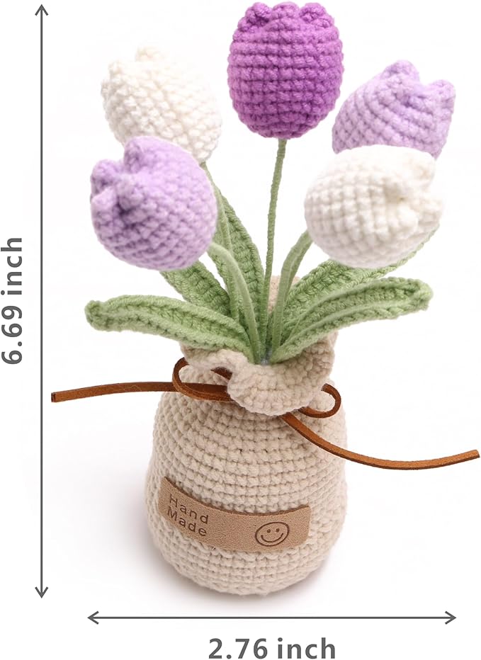Crochet Woven Tulips with Wool,Simulation Plant Crochet Hand-Woven Flowers for Home Room Table Office Ornaments and Birthday Gifts for Family Friends Anniversary (5 Flowers-Purple)