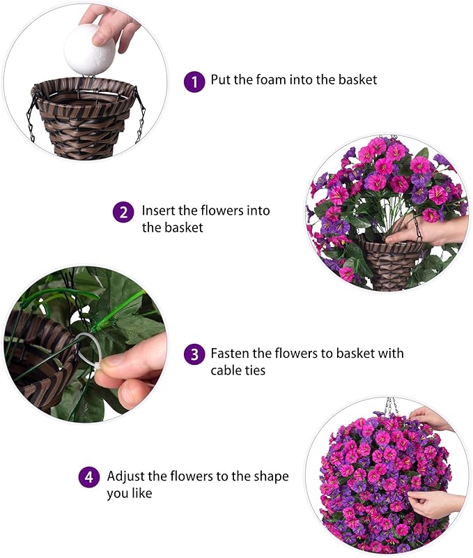 Artificial Fake Hanging Flowers in Basket for Outdoor Indoor Decoration,UV Resistant Faux Silk Dark Purple and Fuchsia Morning Glory Plants Realistic Hanging Planter for Outside Home Porch Yard