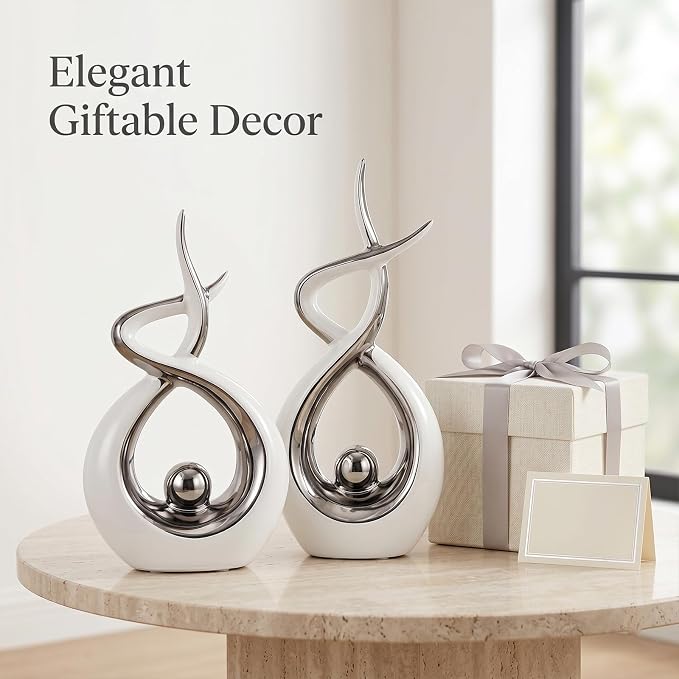 LCCCK White and Silver Abstract Table Decor, Abstract Sculptures Home Decor, Ceramic Sculpture Set of 2 with Electroplated Finish, Modern Tabletop Statues for Dining Table or Shelf