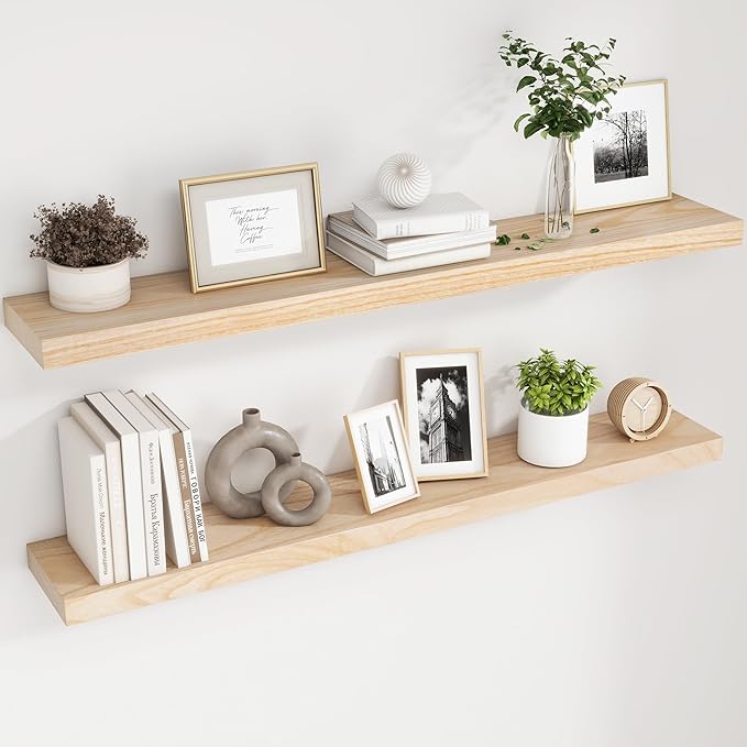 fuqing Natural Wood Floating Shelves, 48 Inch Wood Floating Shelves Set of 2, Natural Raw Wood Shelves for Living Room Bedroom Home Office - Natural