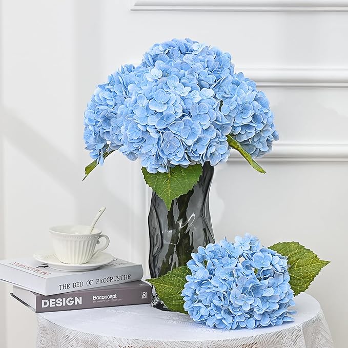 MARTINE MALL 3Pcs 21in Hydrangea Artificial Flowers, Latex Real Touch Hydrangeas Lifelike Large Hydrangea Flowers for Home Decor Party Arrangements Wedding Bouquets Centerpieces (Blue)