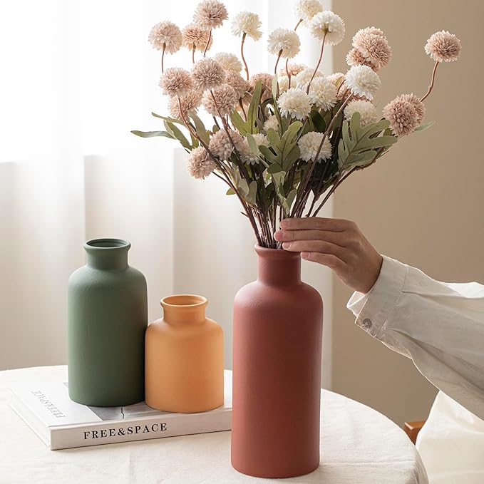 Large Modern Ceramic Vase Set of 3, Neutral Colors, Decorative Bottles for Home, Farmhouse Rustic Decor (XL Green Mix)