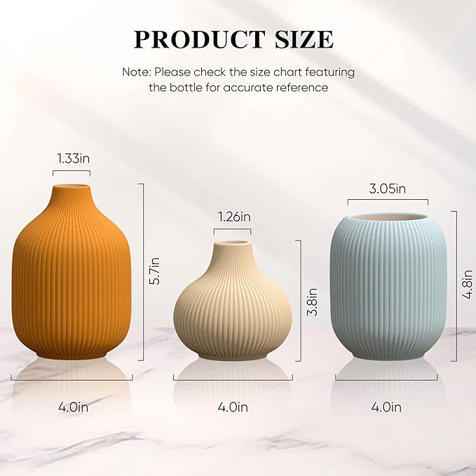Set of 3 Vibrant Ceramic Vases in Light Blue, Mustard Yellow and Beige - Modern Minimalist Ribbed Decor for Centerpiece, Farmhouse Living Room, Kitchen Shelf, Gift Idea