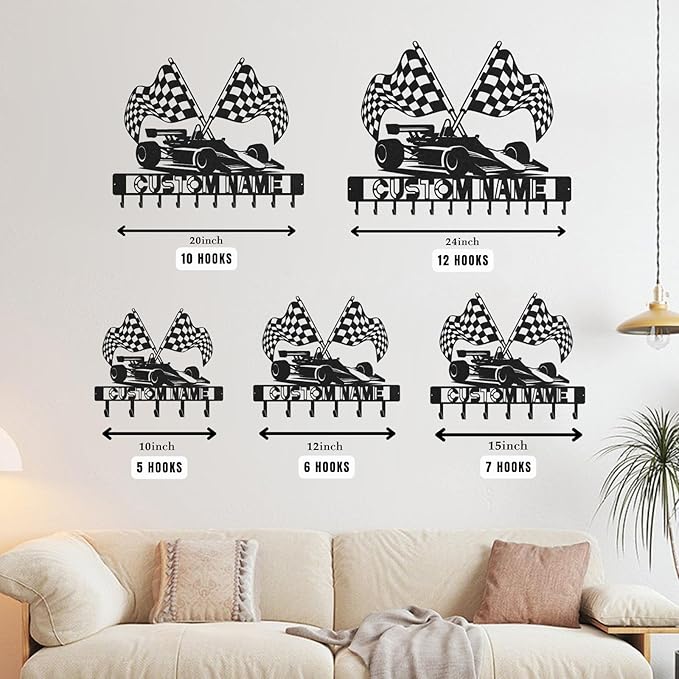 Personalized Racing Car Key Holder, Custom Metal Racing Car Key Hooks with Name, Large Black Metal Wall Hooks Rack, Custom Jacket Organizer for Garage, Living Room, Entryway, Gifts for Men(8in)