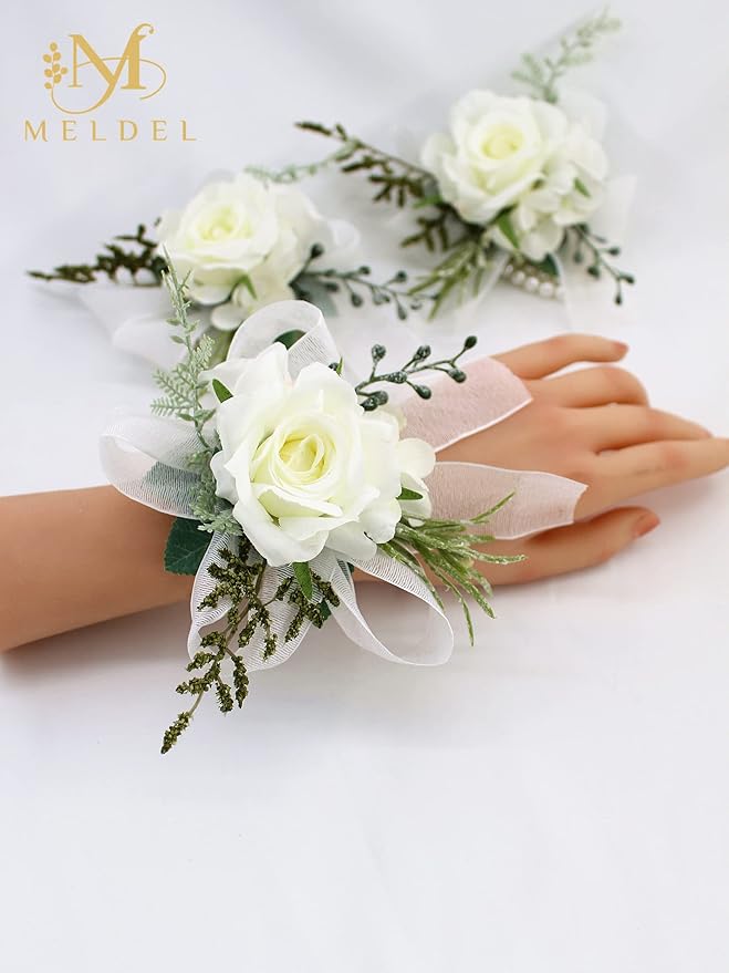 Meldel Wrist Corsage for Wedding, Set of 6, Elegant Artificial White Rose Pearl Wristband Wrist Corsage for Prom Homecoming Party, Perfect Accessories for Bride Bridesmaids, Mother of Bride and Groom