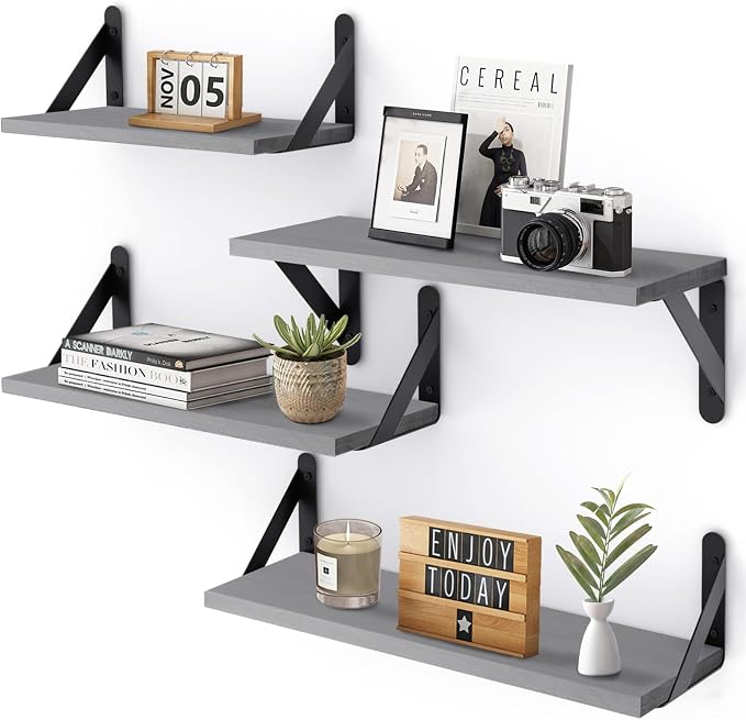 YGEOMER Floating Shelves for Wall, Different Sizes Gray Wall Shelves for Living Room, Bathroom, Bedroom, Kitchen, Home Decor (Set of 4)