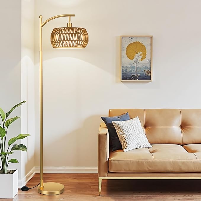 Ambimall Arc Floor Lamp for Living Room with Remote, Color Temperature & Brightness Adjustable, Bohemia Standing Lamp with Rattan & Fabric Double Drum Shades, Bulb Included(Gold)