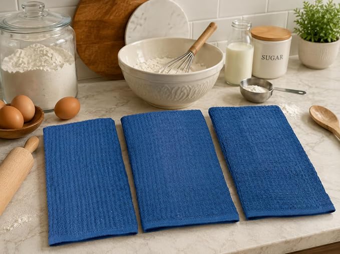 Serafina Home Waffle Blue Kitchen Dish Towels 100% Cotton Cloth Soft Cleaning Drying Absorbent Terry Box Loop: Set of 3 Multipurpose for Everyday Use, 18" x 28" (Blue Box)