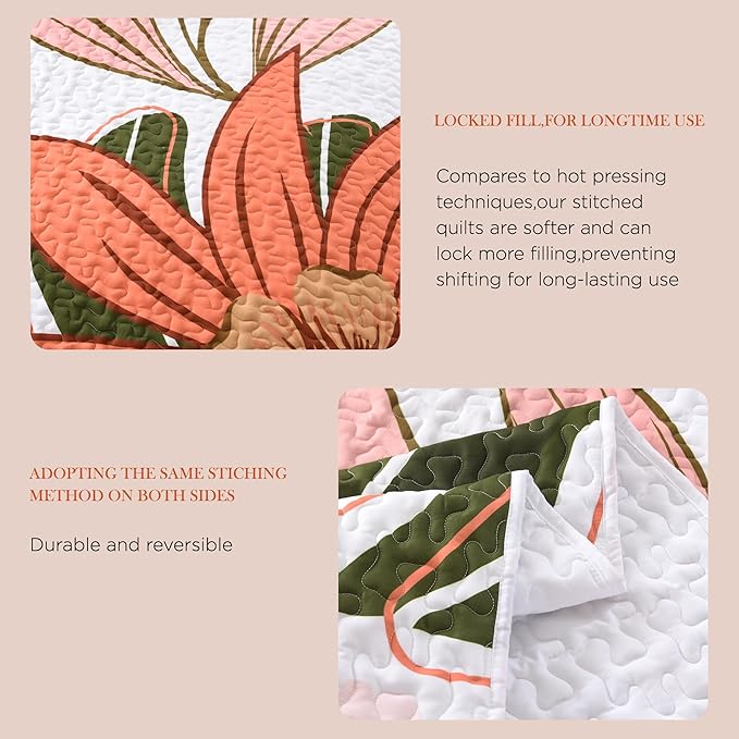 Andency Floral Boho Super King Quilt Bedding Set Pink, 3 Pieces Farmhouse Flower Botanical Bedspreads with 2 Shams, Soft Reversible Lightweight Microfiber Coverlet Set for All Season, 120"x120"