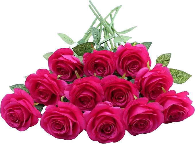 Artificial Rose Flower Artificial Flowers Flower with Long Stem Silk Roses Bouquet for Wedding Bridal Shower Party Home Decoration (Hot Pink, 30 Pcs)