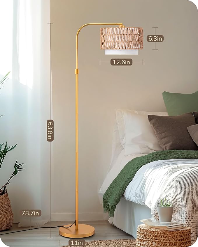 EDISHINE Rattan Floor Lamp for Living Room with Remote & Dimmable LED Bulb,63'' Mid Century Rattan Fabric Shade Standing Lamp with 5 Color Temperature, Farmhouse Boho Standing Lamp for Bedroom Office