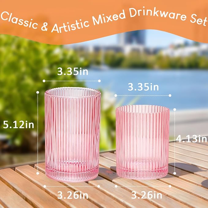 14 oz & 18 oz Ribbed Drinking Glasses Set of 12, Vintage Iced Coffee Cups Elegant Glassware, Highball Glass Cups Ridged Glass Tumbler for Cocktail, Whiskey, Beer, Water, Juice, Origami Style Pink