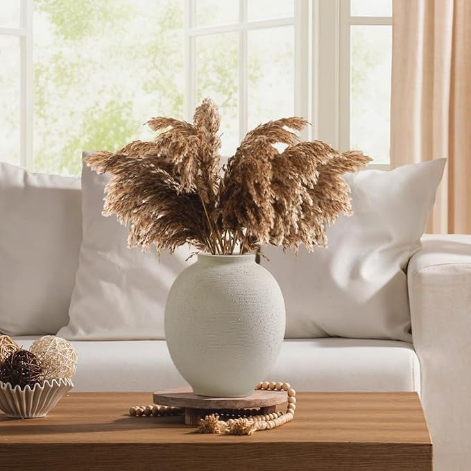 Large White Ceramic Vase, 9.8 inch Round Minimalist Textured Vase, Rustic Farmhouse Decor for Home, Living Room, Shelf, Table, Wedding & Entryway Decoration (Sandstone White)