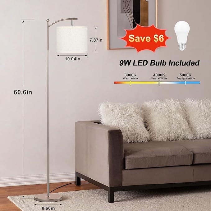 Ambimall 60" Floor Lamp for Living Room with 3 Color Temperatures, Adjustable Beige Shade with Light Gold Pole, Tall Lamp for Bedroom Office Classroom Dorm Room, 9W Bulb Included